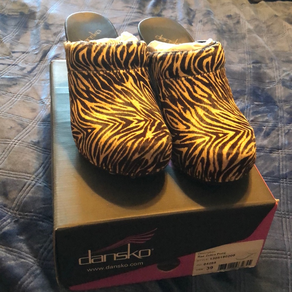 Dansko brown and tan zebra casual/dress mules.